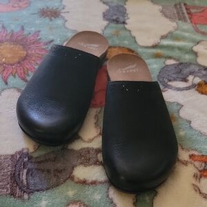 Dansko Black Leather Slip-On Clog Mules